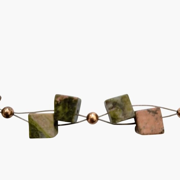 Unakite Copper Bracelet Cube Bead Illusion Floating Toggle Clasp 8 inch - Picture 2 of 7